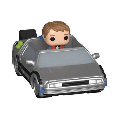 Funko bitty pop ride silver metallic future time machine with brown-haired figure in orange vest and blue wheel accents