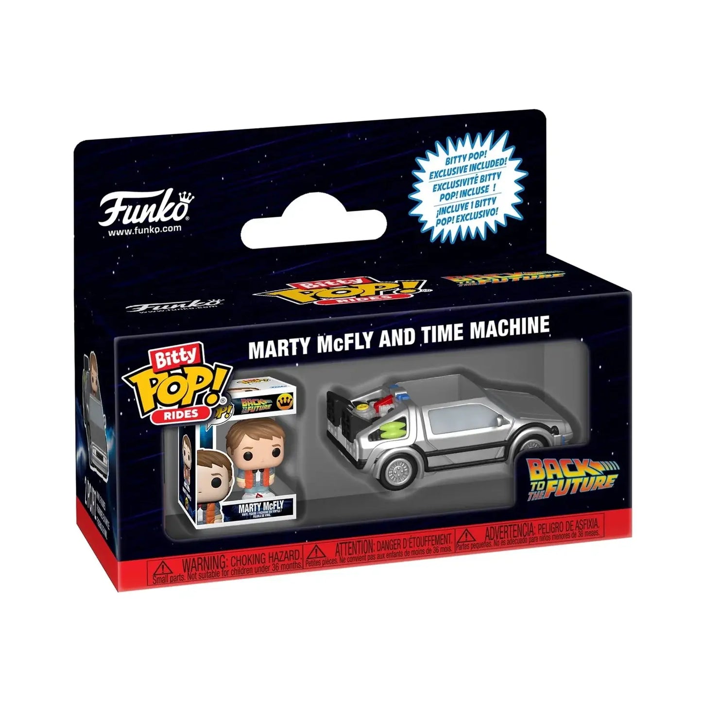 Silver and black plastic funko bitty pop model of marty mcfly future time machine in original packaging from classic film back to the future