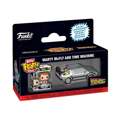 Silver and black plastic funko bitty pop model of marty mcfly future time machine in original packaging from classic film back to the future