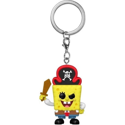 Yellow spongebob squarepants figurine wearing a red pirate hat with a black skull and crossbones, holding a wooden sword.