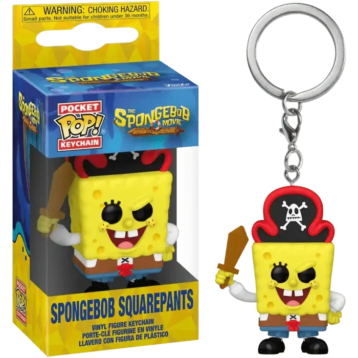 Yellow spongebob squarepants vinyl figure keychain dressed as a pirate with black eyes, white teeth, and holding a wooden sword.