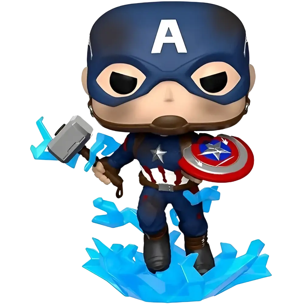 Funko pop endgame Captain America with broken shield holding hammer and shield on icy blue base #573