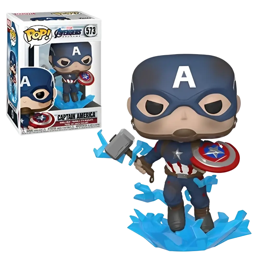 Funko pop endgame captain america figure with broken shield holding hammer on a blue icy base #573