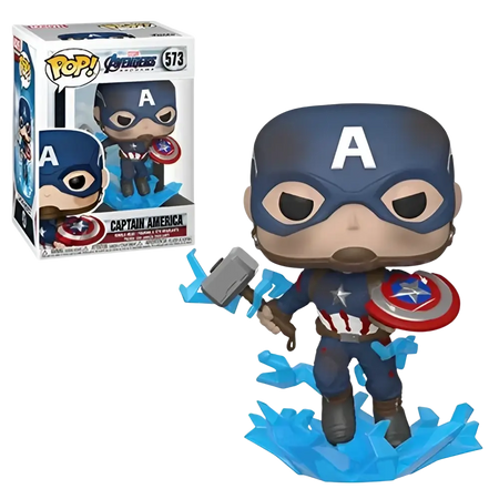 Funko pop endgame captain america figure with broken shield holding hammer on a blue icy base #573