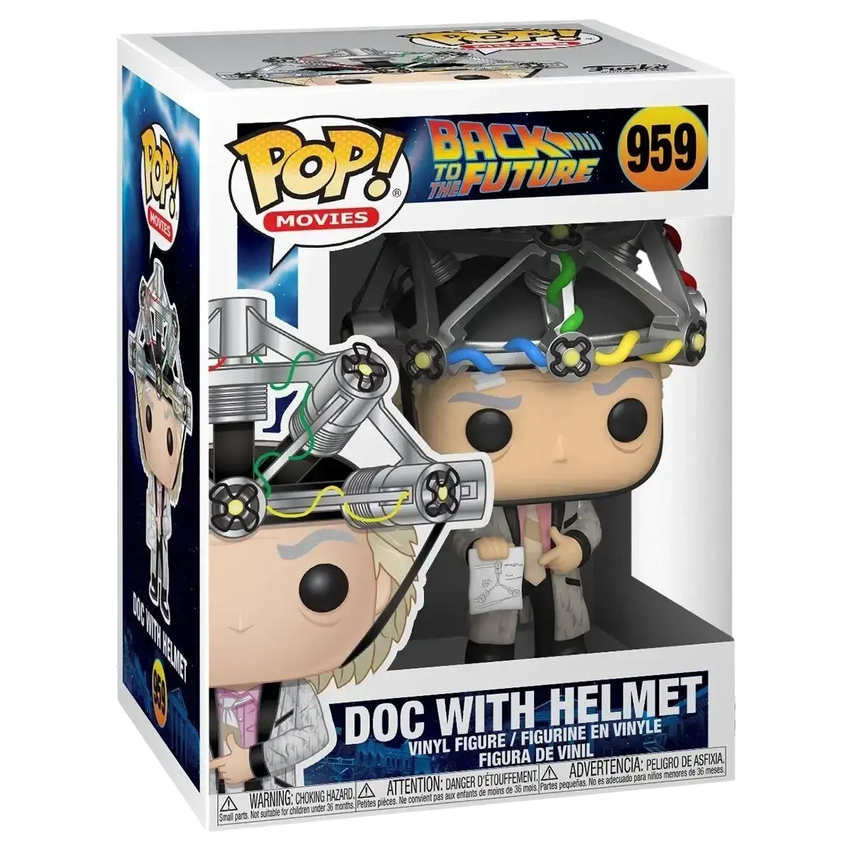 Funko pop action and toy figures showing the back of doc brown with helmet and colorful wires from back to the future
