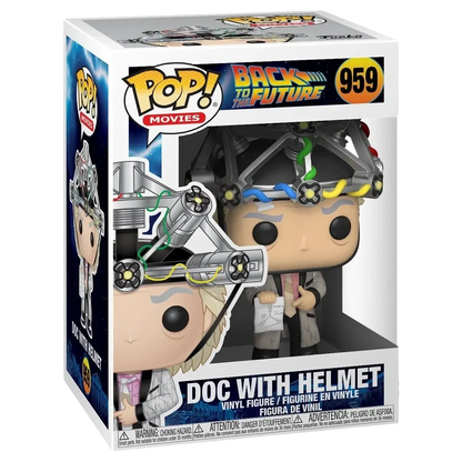 Funko pop action and toy figures showing the back of doc brown with helmet and colorful wires from back to the future