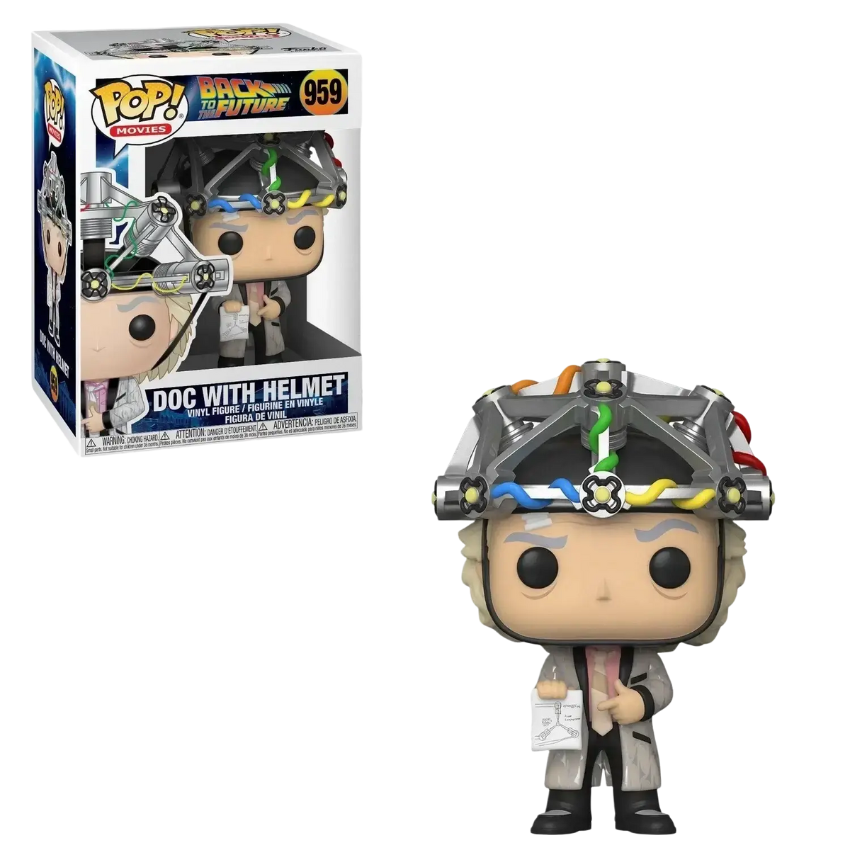 Back view of funko pop back to the future doc brown vinyl figure wearing silver black helmet and lab coat in toys and games