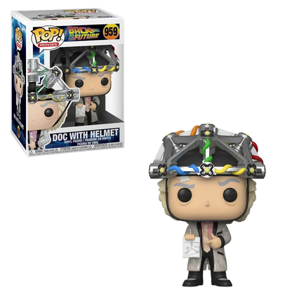Back view of funko pop back to the future doc brown vinyl figure wearing silver black helmet and lab coat in toys and games