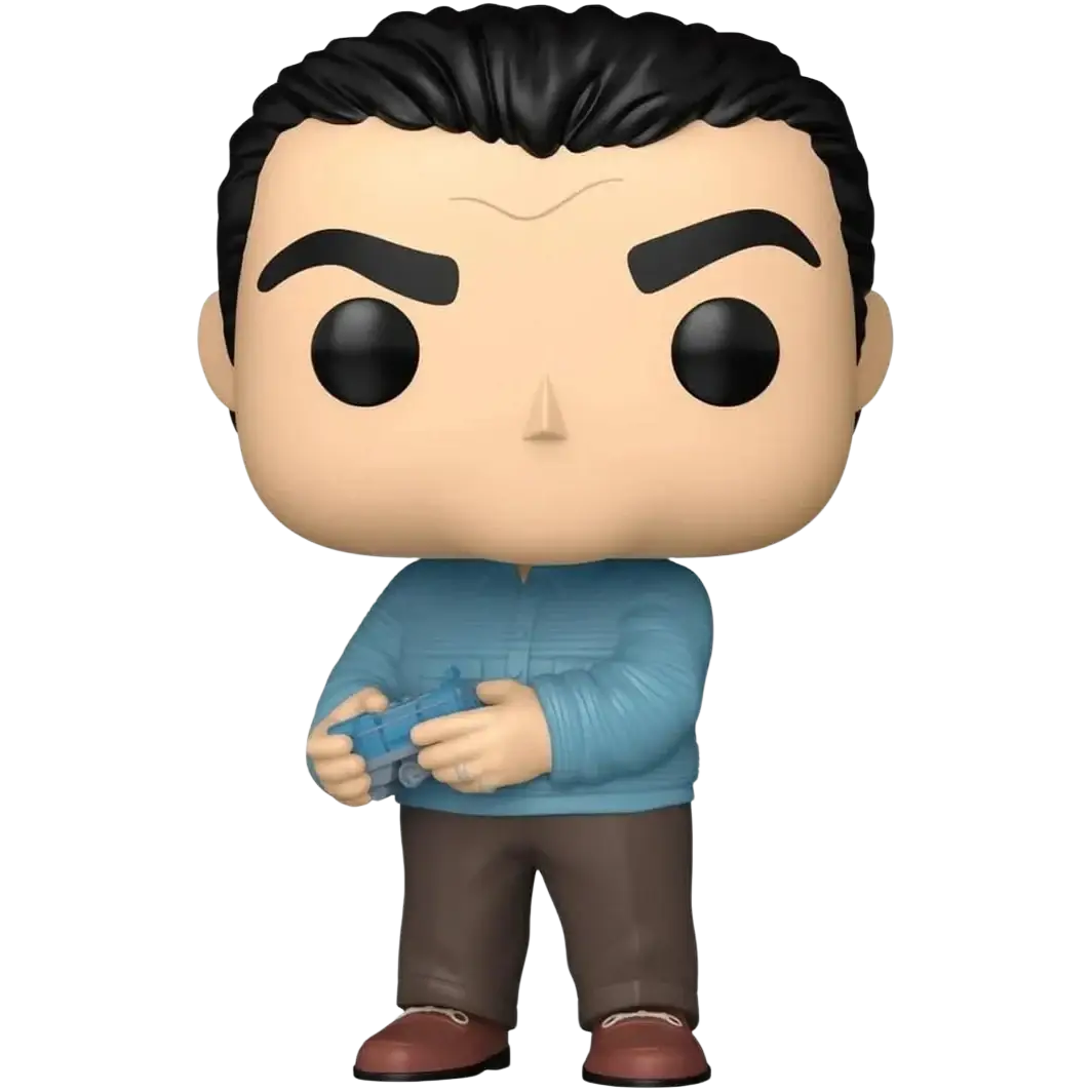 Blue long-sleeved shirt and brown pants funko pop! Figure holding a blue game controller.