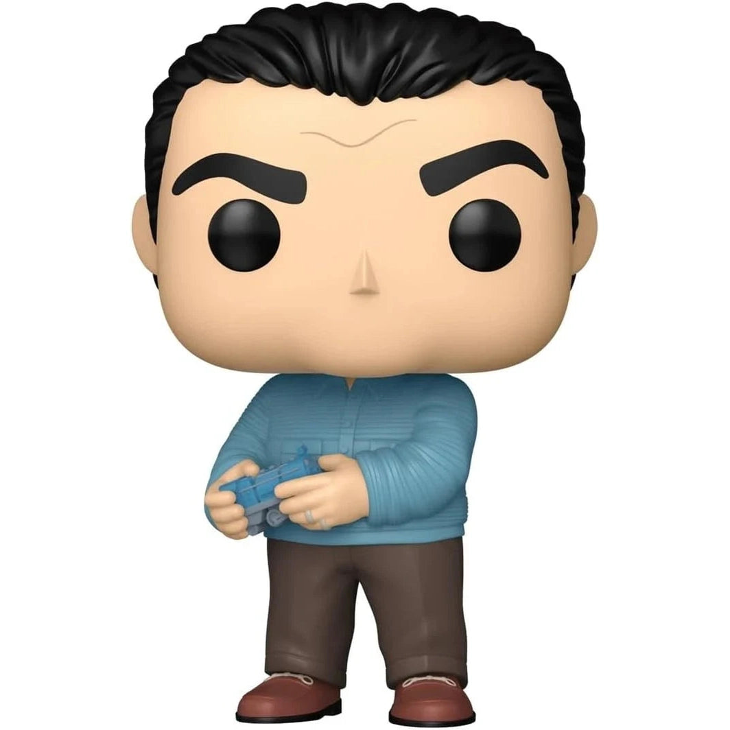 Blue long-sleeved shirt and brown pants funko pop! Figure holding a blue game controller.