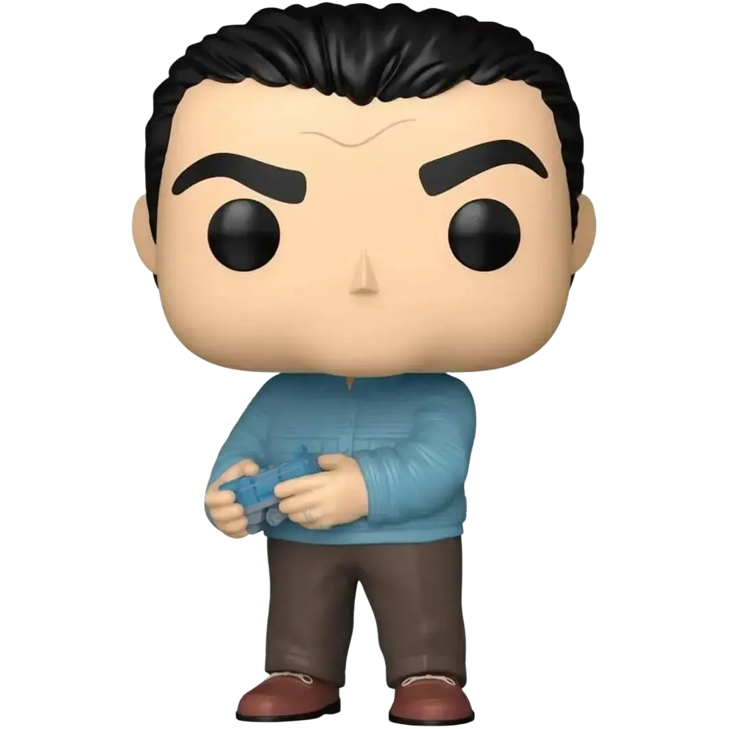 Blue long-sleeved shirt and brown pants funko pop! Figure holding a blue game controller.