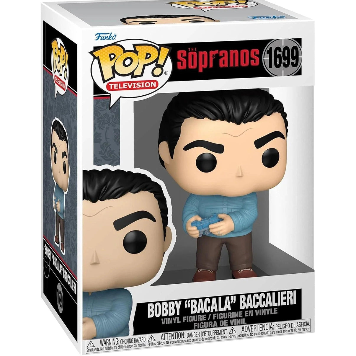 Funko pop! Vinyl figure of bobby ’bacala’ baccalieri from the sopranos, dressed in a light blue sweater and brown pants while holding a blue remote control.