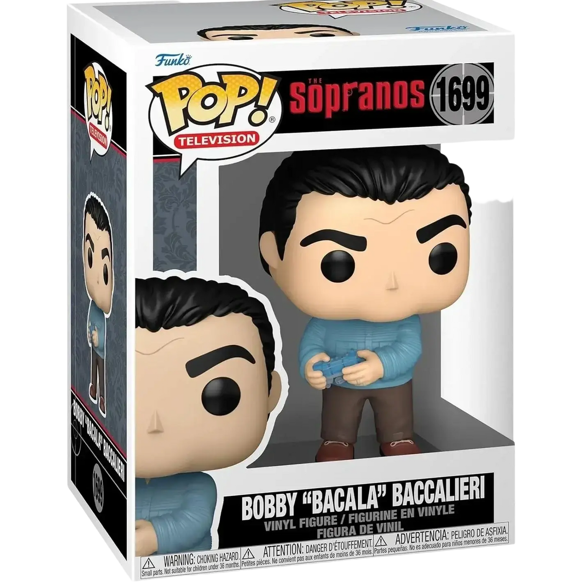Funko pop! Vinyl figure of bobby ’bacala’ baccalieri from the sopranos, dressed in a light blue sweater and brown pants while holding a blue remote control.
