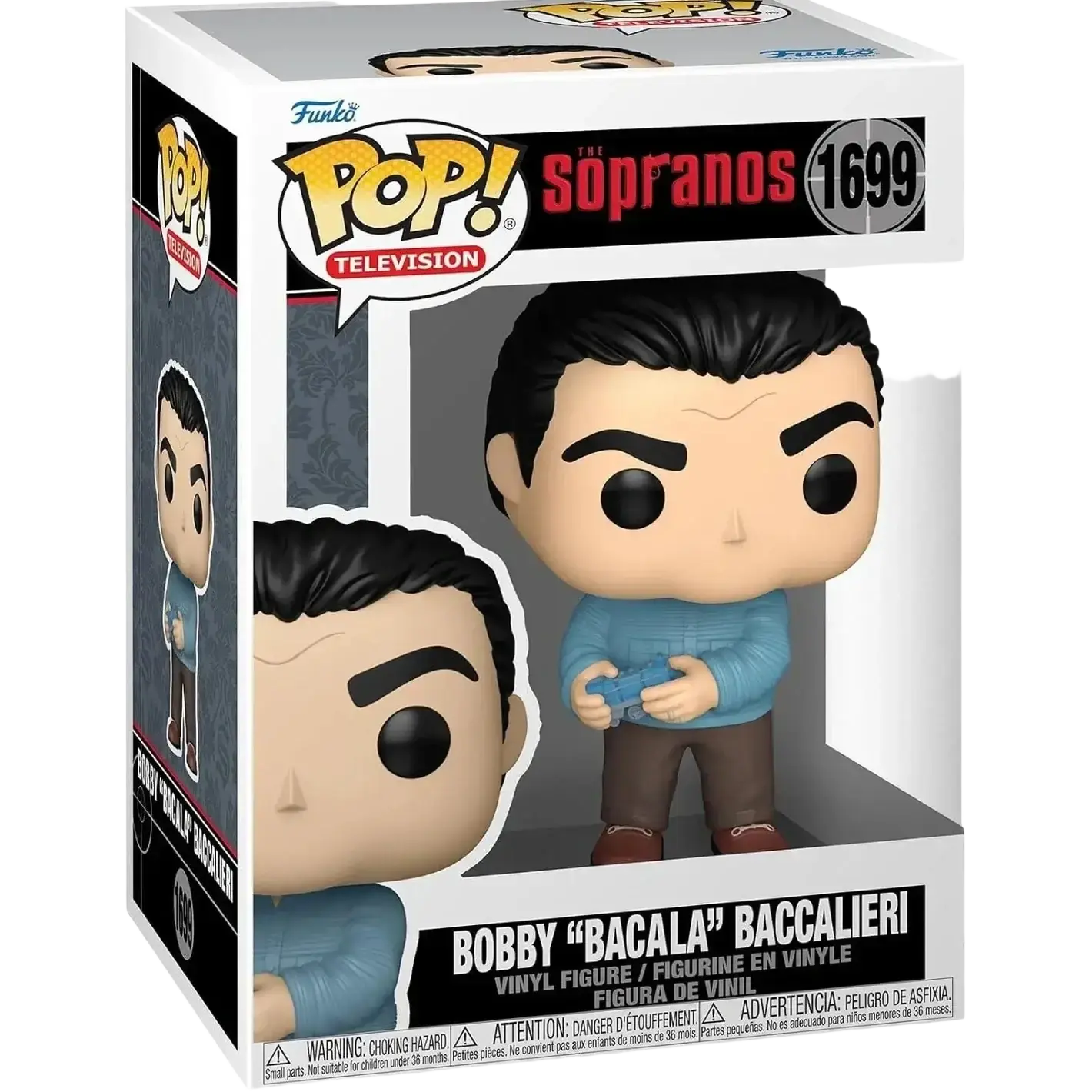 Funko pop! Vinyl figure of bobby ’bacala’ baccalieri from the sopranos, dressed in a light blue sweater and brown pants while holding a blue remote control.
