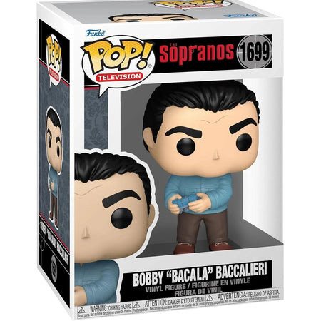 Funko pop! Vinyl figure of bobby ’bacala’ baccalieri from the sopranos, dressed in a light blue sweater and brown pants while holding a blue remote control.