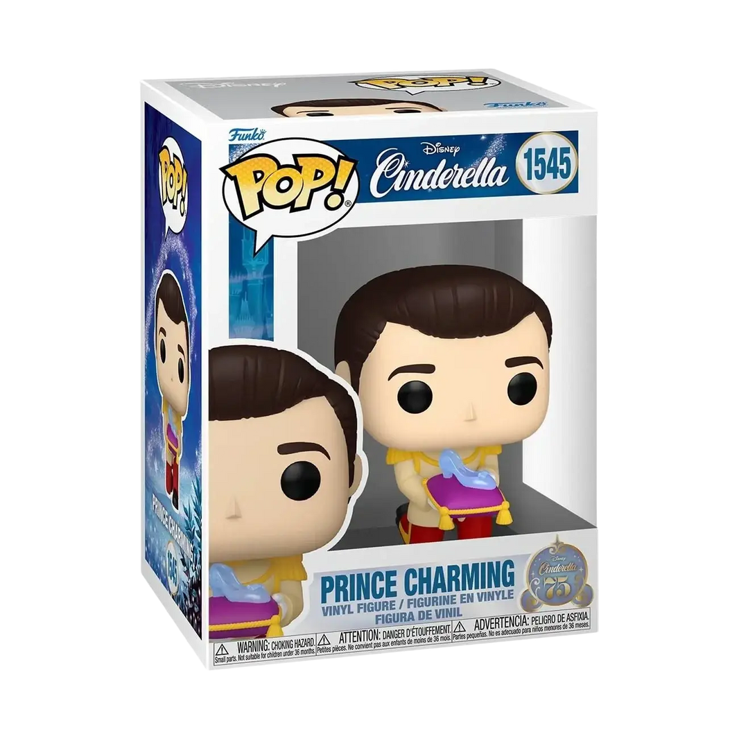 Prince charming funko pop! Vinyl figure in his yellow and red royal attire, holding a purple glass slipper.