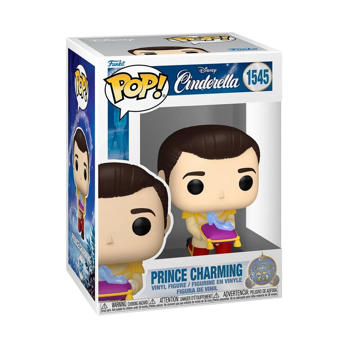 Prince charming funko pop! Vinyl figure in his yellow and red royal attire, holding a purple glass slipper.