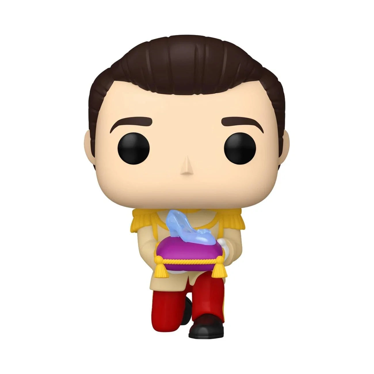 A funko pop! Vinyl figure of prince charming in a yellow and red outfit holding the glass slipper on a purple cushion.