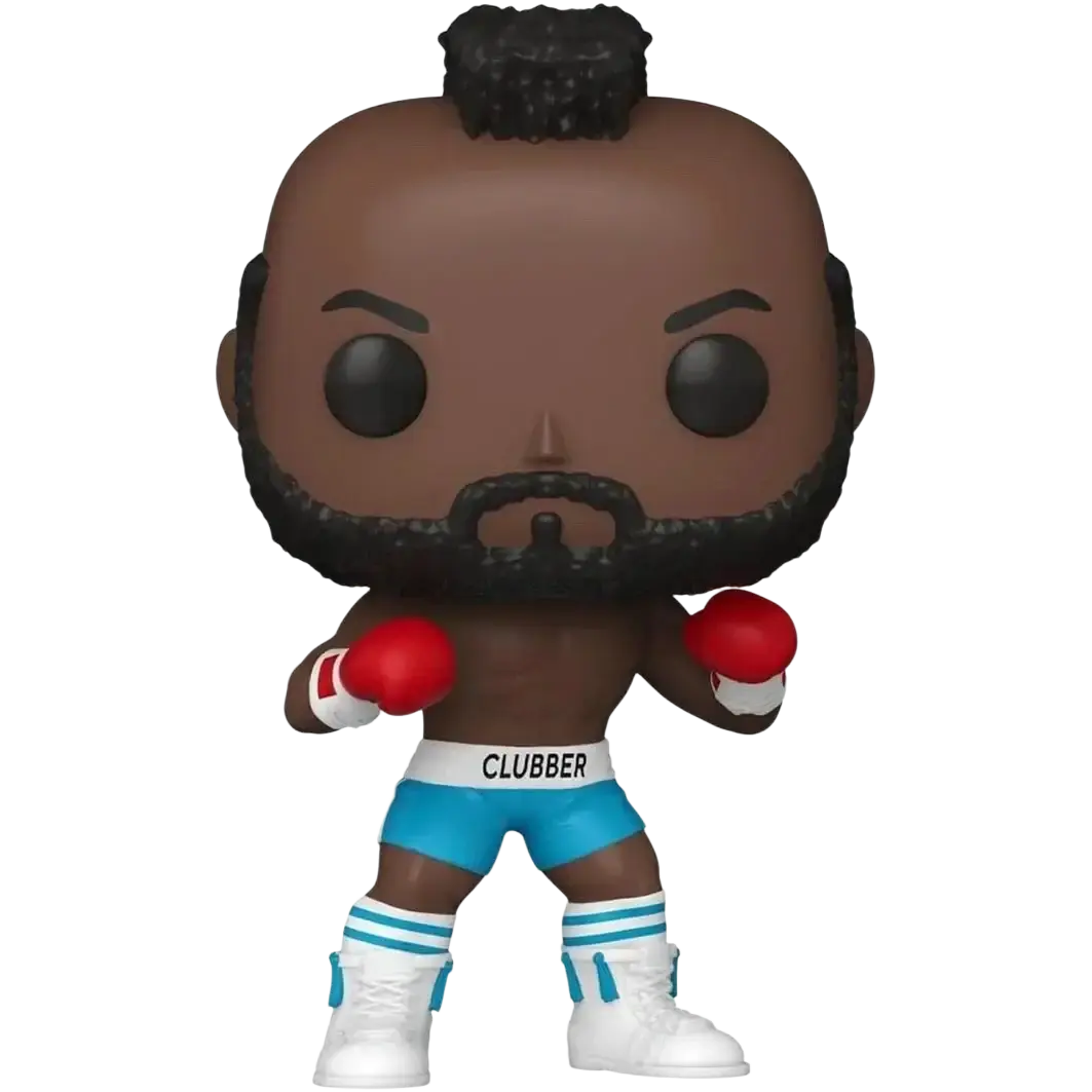 Brown funko pop! Figure of the character clubber lang from the punisher, wearing red boxing gloves and blue shorts with white trim.