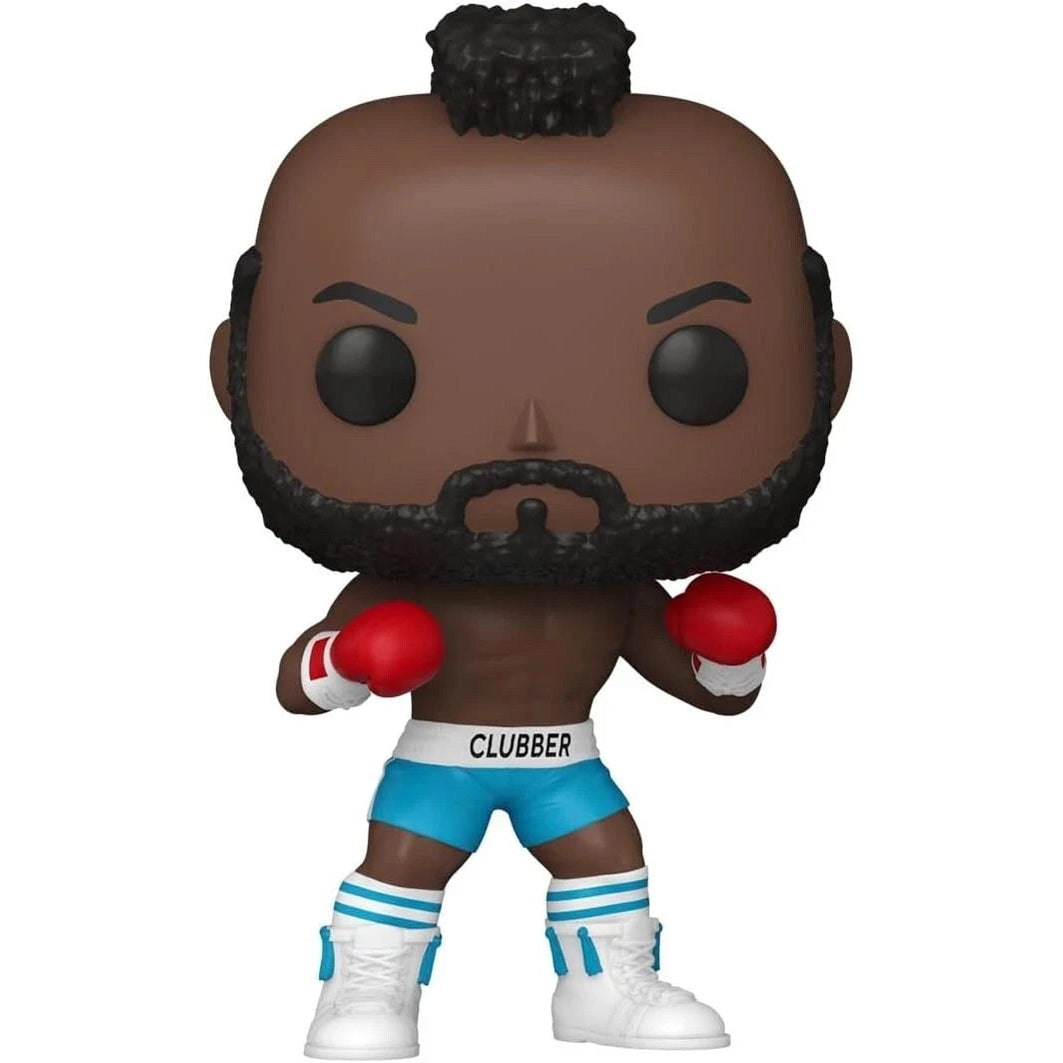 Brown funko pop! Figure of the character clubber lang from the punisher, wearing red boxing gloves and blue shorts with white trim.