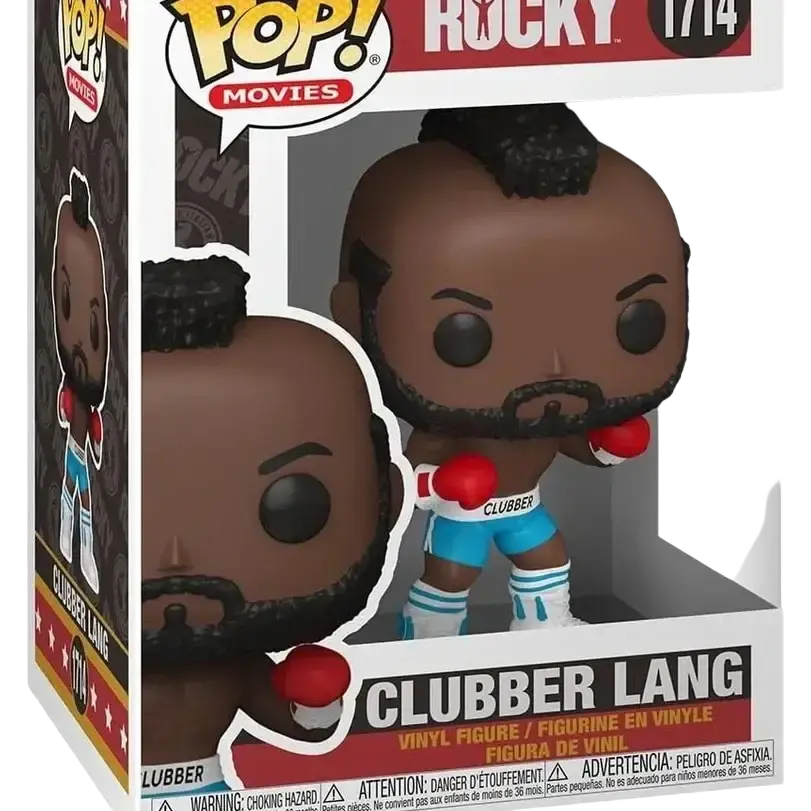 Funko pop! Movies rocky 1714 clubber lang vinyl figure in blue boxing shorts and red gloves.