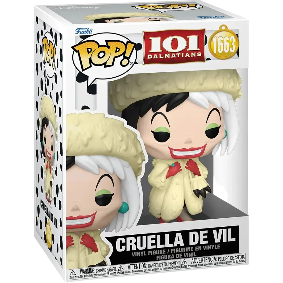 Funko Pop Cruella de Vil vinyl figure number 1663 wearing cream fur coat, matching hat, and black-tipped gloves