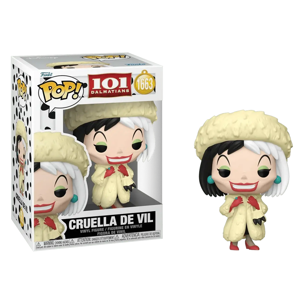 Funko Pop vinyl figure of cream-colored Cruella de Vil in fur hat and coat with red gloves and teal earrings