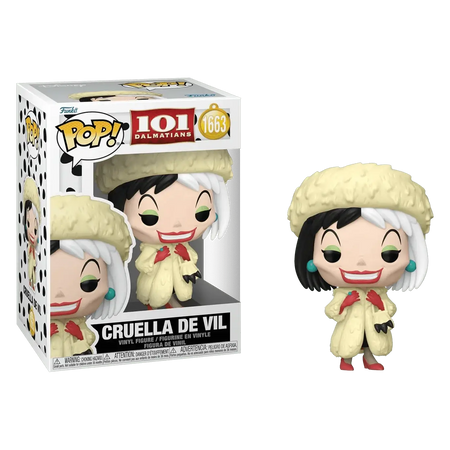 Funko Pop vinyl figure of cream-colored Cruella de Vil in fur hat and coat with red gloves and teal earrings