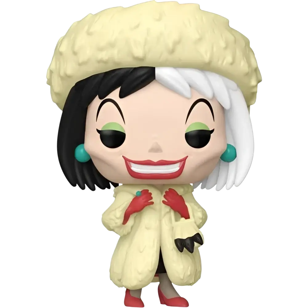 Funko pop vinyl figure of cruella de vil wearing cream textured fur hat and coat with red gloves and shoes