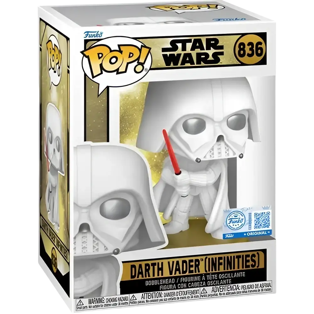 White vinyl darth vader funko pop from star wars legends holding a red lightsaber in a window display box