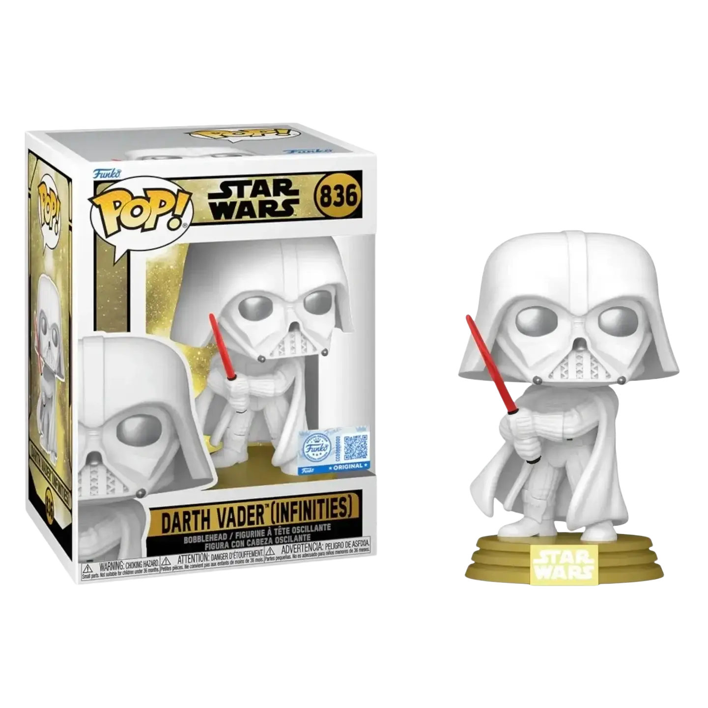 White darth vader funko pop figure holding red lightsaber on gold base in star wars legends window display box