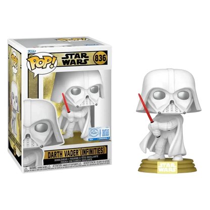 White darth vader funko pop figure holding red lightsaber on gold base in star wars legends window display box