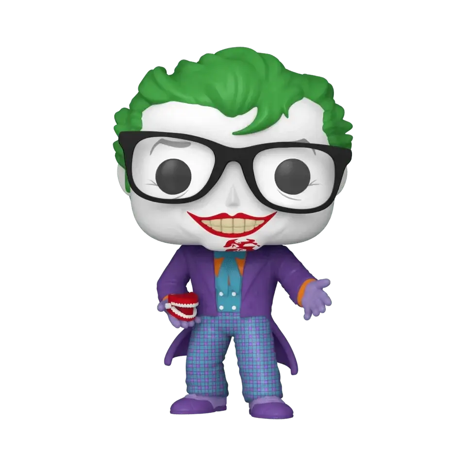 Funko pop! Vinyl figure of the joker with green hair, black glasses, a purple suit over a teal shirt and plaid pants.