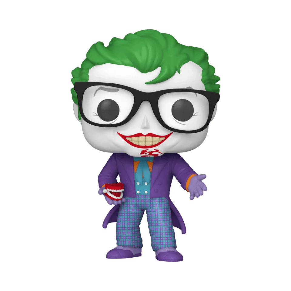 Funko pop! Vinyl figure of the joker with green hair, black glasses, a purple suit over a teal shirt and plaid pants.