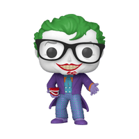 Funko pop! Vinyl figure of the joker with green hair, black glasses, a purple suit over a teal shirt and plaid pants.
