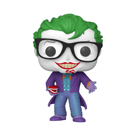 Funko pop! Vinyl figure of the joker with green hair, black glasses, a purple suit over a teal shirt and plaid pants.