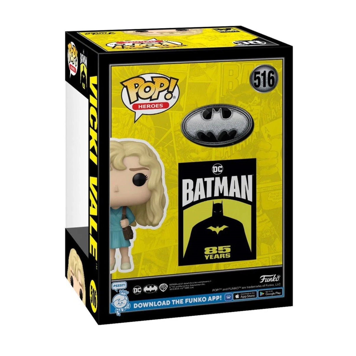 Yellow and black funko pop! Heroes box featuring the batman 85 years commemorative figure of vicki vale.