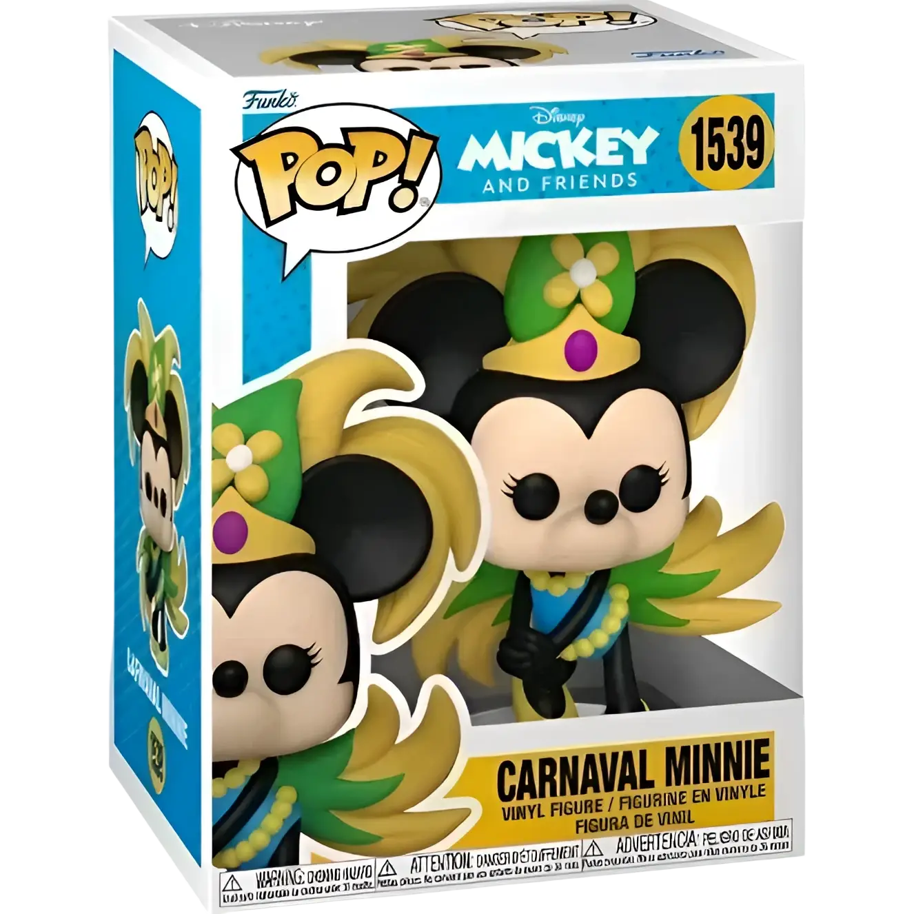 Carnaval minnie funko pop! Vinyl figure dressed in a vibrant green and yellow costume with floral headpiece.