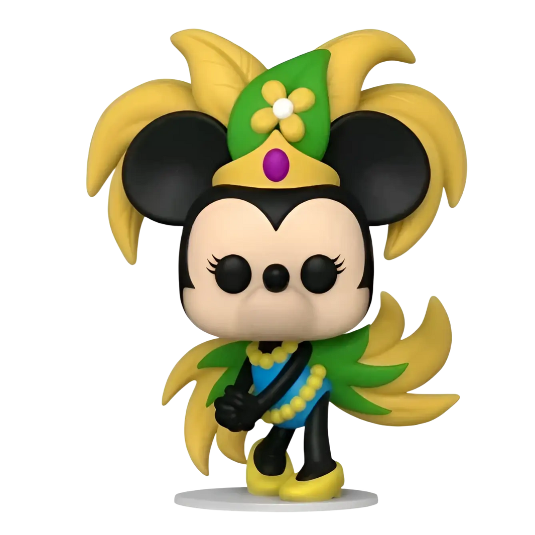 Yellow and green feathered minnie mouse funko pop! Figure wearing a blue top with yellow beaded necklace.