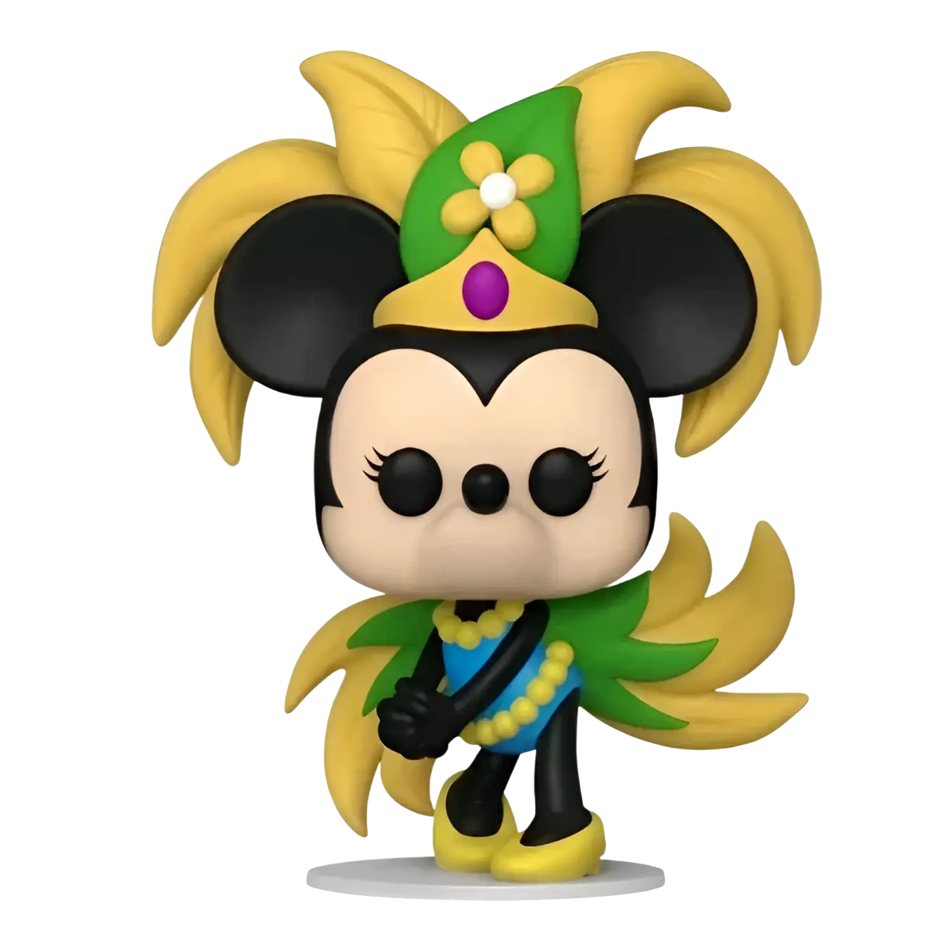 Yellow and green feathered minnie mouse funko pop! Figure wearing a blue top with yellow beaded necklace.