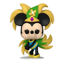 Yellow and green feathered minnie mouse funko pop! Figure wearing a blue top with yellow beaded necklace.