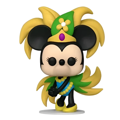 Yellow and green feathered minnie mouse funko pop! Figure wearing a blue top with yellow beaded necklace.
