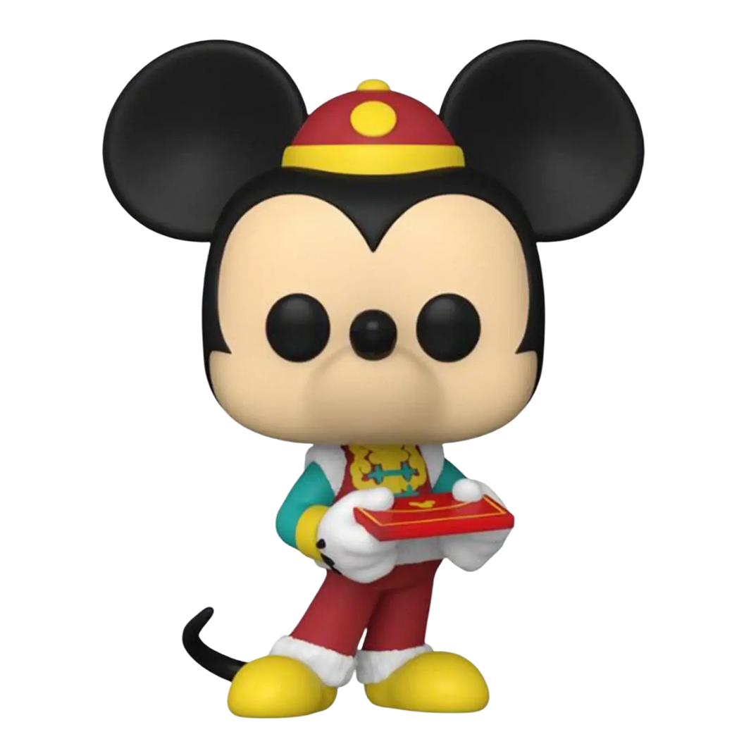 Mickey mouse figurine in a festive red and yellow hat, teal vest with gold accents, red pants, white gloves, and yellow shoes, holding a small red box.