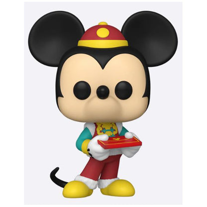 Mickey mouse figurine in a festive red and yellow hat, teal vest with gold accents, red pants, white gloves, and yellow shoes, holding a small red box.