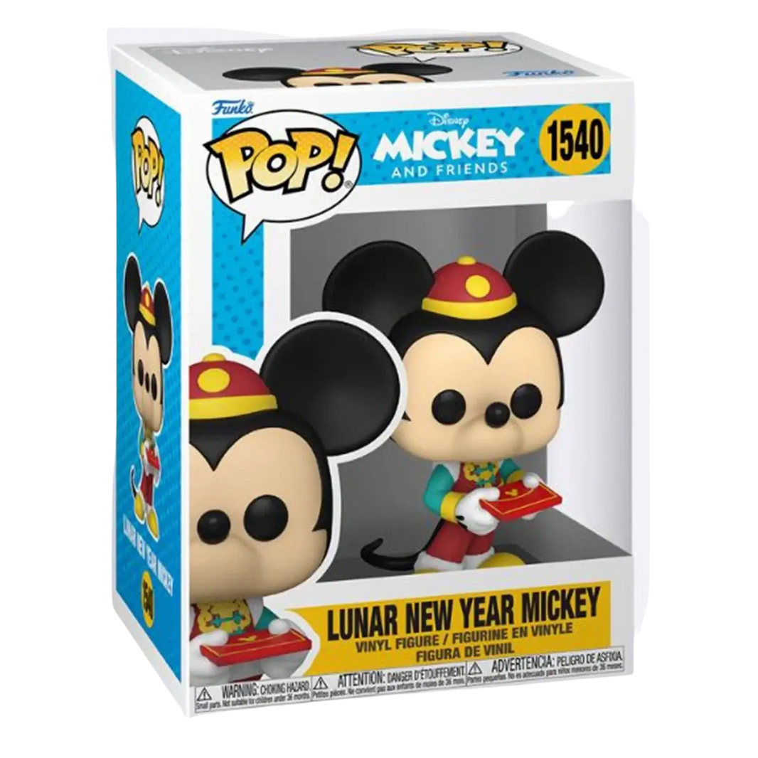 Funko pop! Vinyl figure of mickey mouse dressed in a red and yellow traditional chinese hat, wearing a colorful outfit with green sleeves and holding a red tray.