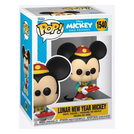 Funko pop! Vinyl figure of mickey mouse dressed in a red and yellow traditional chinese hat, wearing a colorful outfit with green sleeves and holding a red tray.