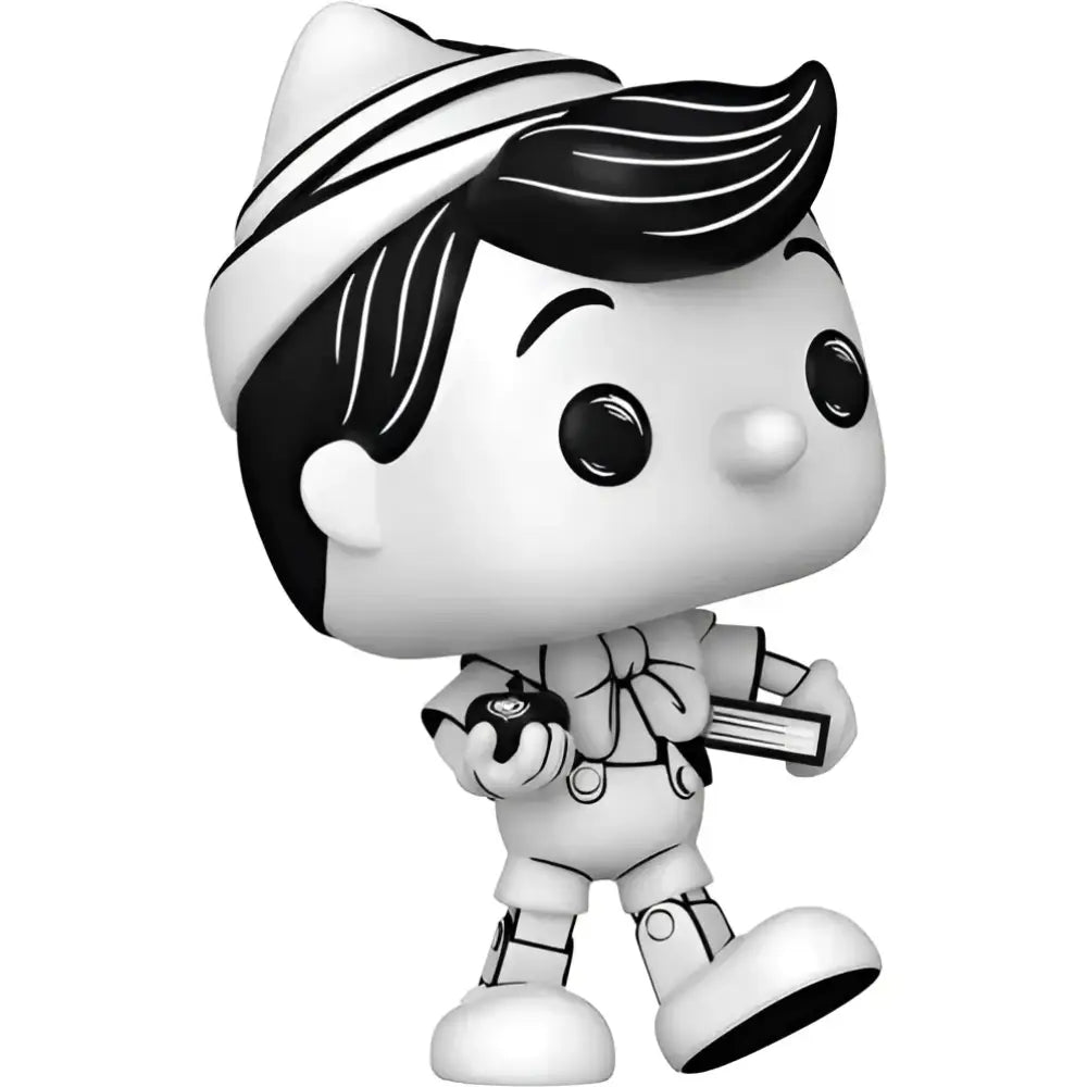 Monochrome Pinocchio figurine.