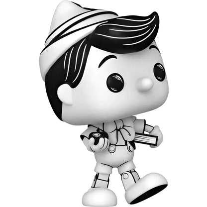 Monochrome Pinocchio figurine.