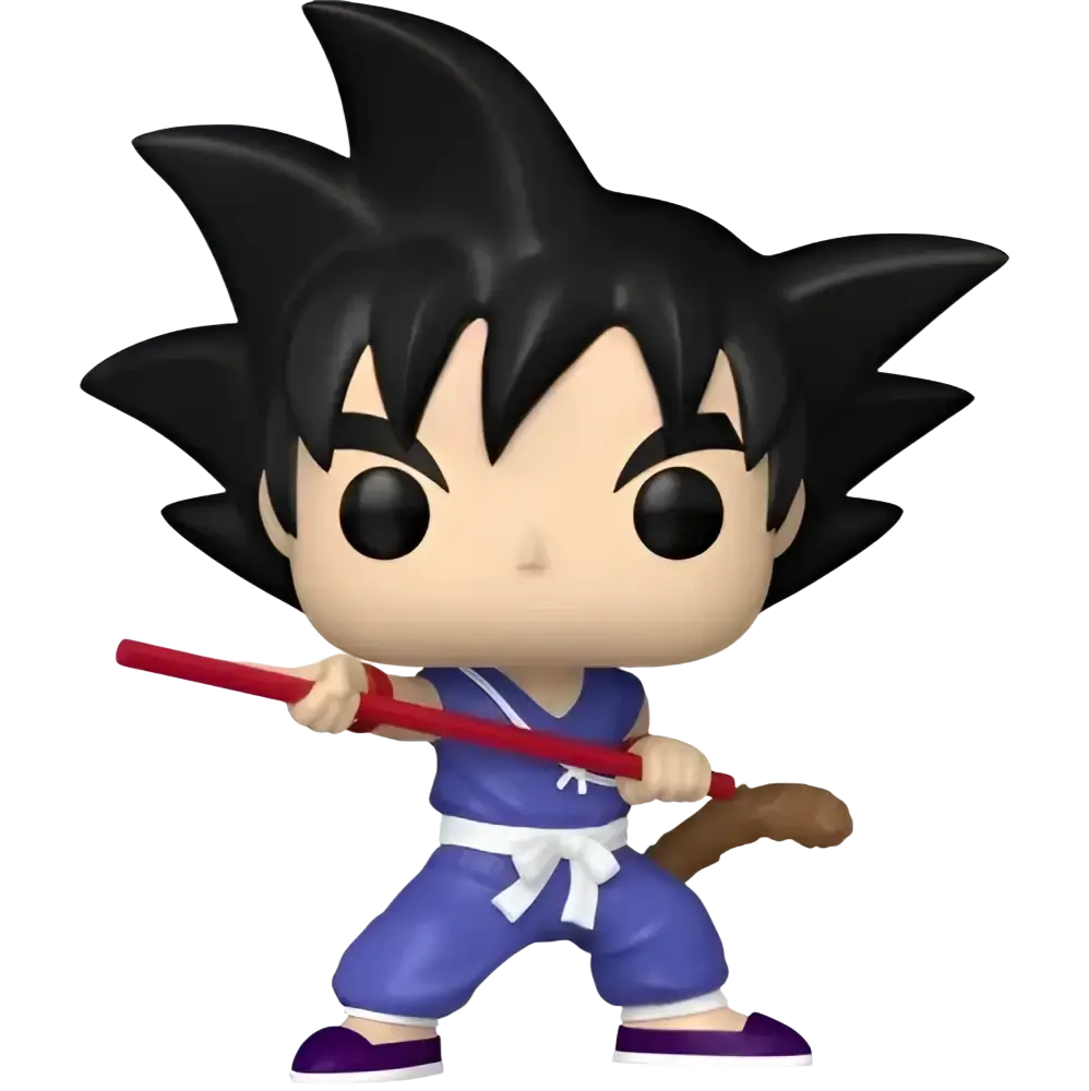 Blue and purple goku figurine with black spiky hair, white belt, and red staff.