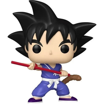 Blue and purple goku figurine with black spiky hair, white belt, and red staff.